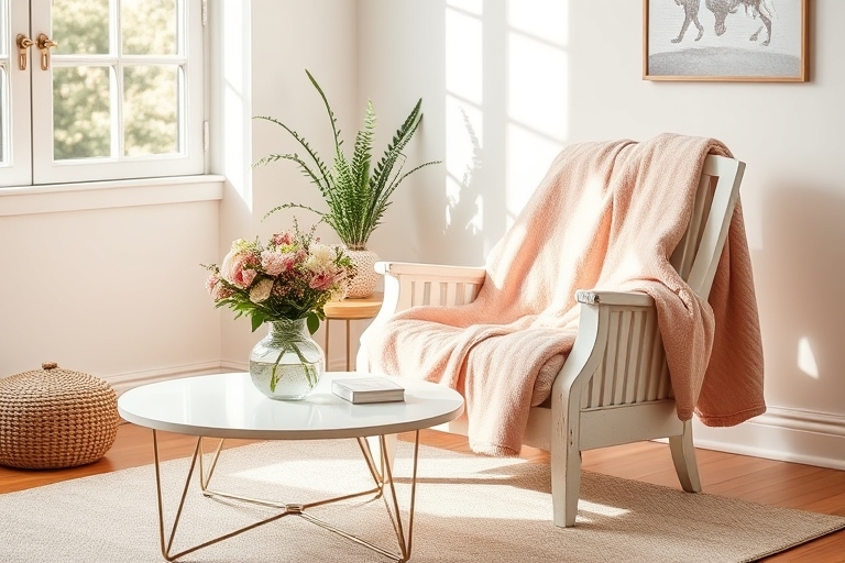 "A cozy living room with a distressed white wooden armchair, a plush pastel pink throw blanket, and a vase with fresh flowers on a minimalist coffee table in a bright and airy space with warm natural 