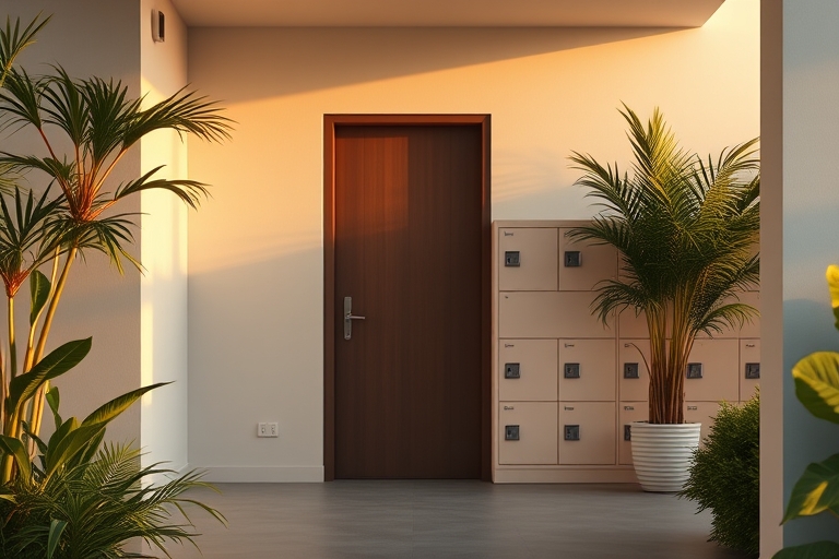 "A modern minimalist home with a closed front door and a row of small, pastel-colored lockers in the background, surrounded by lush greenery and warm, golden lighting."