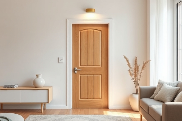 "A modern minimalist living room with a minimalist wooden door, subtle pastel-colored decorative accents, and a warm softbox light source illuminating a secure smart lock and a motion-sensitive outdoo