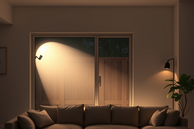 "A minimalist living room with a single spotlight shining through a frosted glass window, illuminating a set of DIY security cameras and a motion-sensitive outdoor light on a wooden fence, with a warm