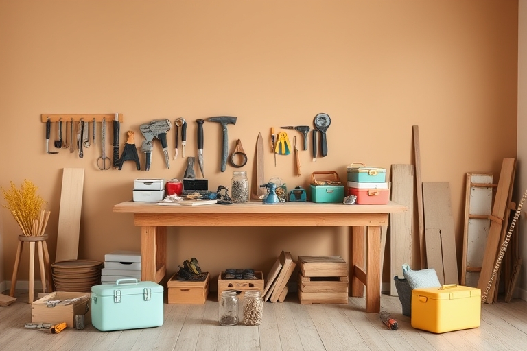 "A minimalist living room with a wooden workbench against a warm beige wall, surrounded by various DIY tools and half-finished projects, with a few colorful pastel toolboxes and a mason jar filled wit