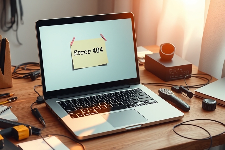 "A laptop sits on a minimalist wooden desk, surrounded by scattered tools and wires, with a soft pastel-colored sticky note pinned to the screen reading 'Error 404', warm sunlight streaming through th