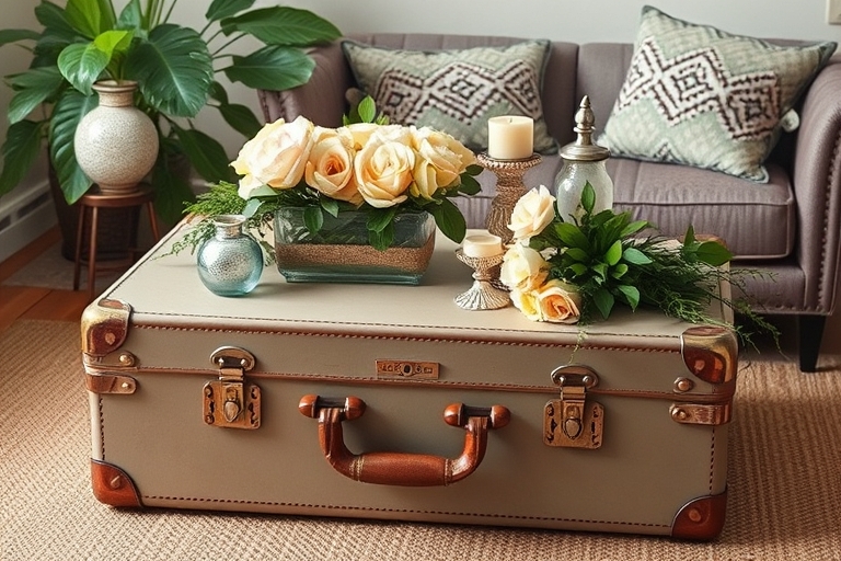 "A beautifully styled vignette of a vintage suitcase turned into a coffee table, surrounded by lush greenery, soft pastel-colored flowers, and a few decorative objects repurposed from old items, set a