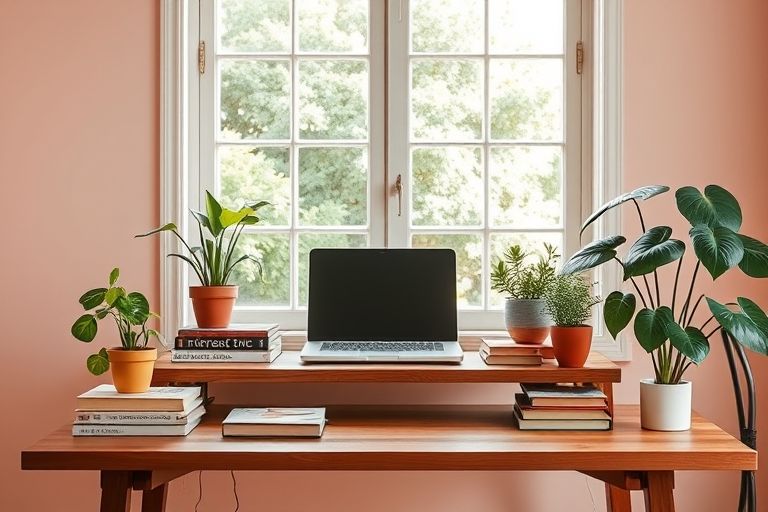 "A minimalist desk with a vintage laptop, a stack of old books, and a few potted plants on a warm wooden table, set against a soft pastel pink wall with a large window behind, letting in a warm natura