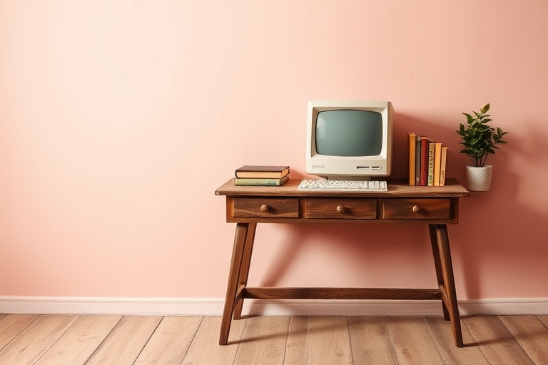 "A worn, wooden desk with a vintage computer and a few well-loved books, set against a warm, pastel pink background with a few subtle, natural textures and a single, potted plant in the corner."