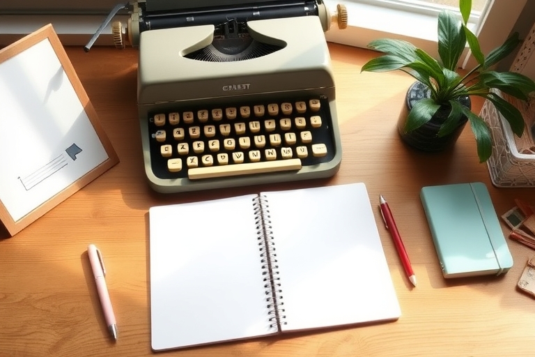 "A minimalist desk setup featuring a vintage typewriter, a paper notebook, and a few well-placed, pastel-colored stationery items on a wooden surface, surrounded by soft, warm natural light."