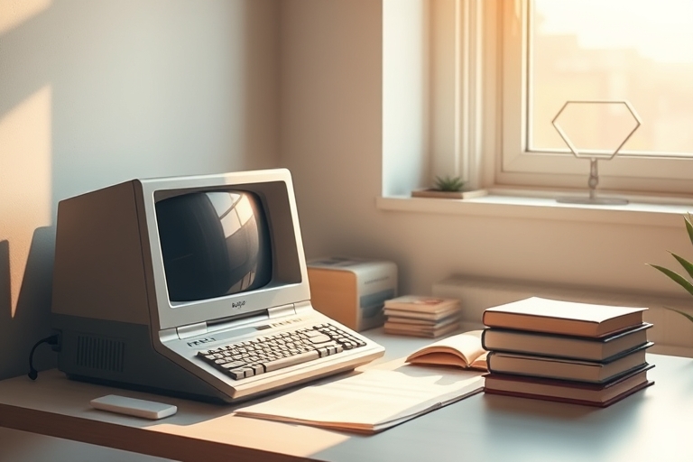 "A minimalist desk setup featuring a vintage computer, a stack of old books, and a few carefully arranged pastel-colored papers, surrounded by warm natural light pouring in through a large window."
