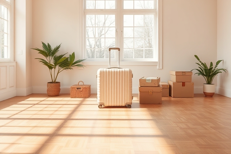 "A spacious, minimalist room with a pastel-colored suitcase and a few neatly packed boxes, surrounded by a warm, natural light-filled space with a subtle wooden floor and a few decorative plants."