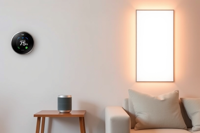 "A modern living room with a sleek smart thermostat, a smart speaker on a minimalist wooden side table, and a smart light panel illuminating a pastel-colored accent wall in a warm, soft glow."
