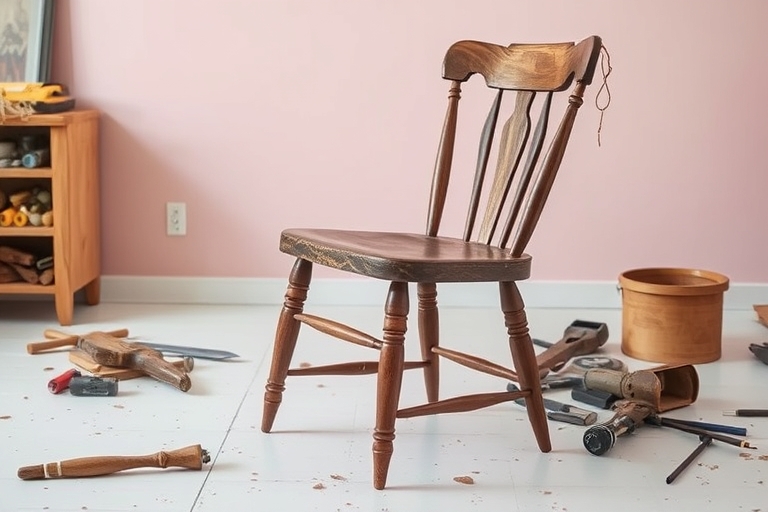 "A vintage wooden chair with a broken leg, repaired with a clever fix, sits on a bright white floor with a soft pastel pink wall in the background, surrounded by scattered tools and materials in a war