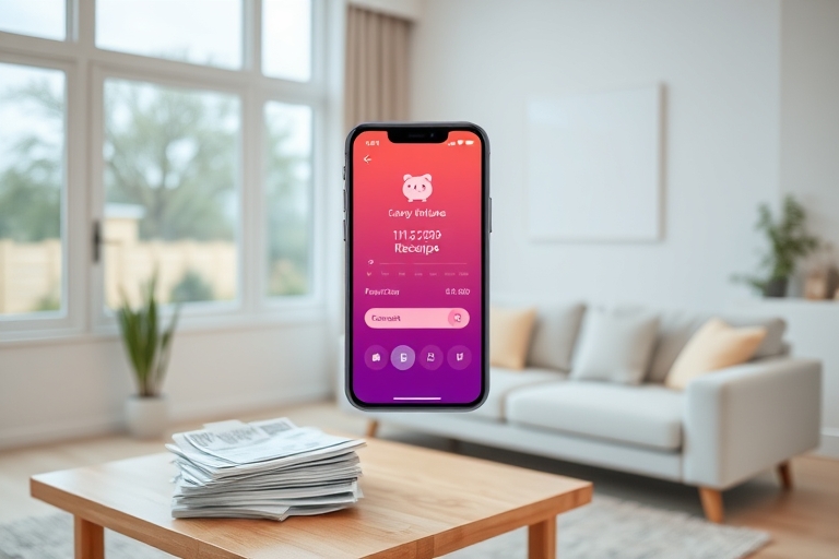 "A minimalist living room with a large window, soft pastel-colored couch, and a wooden coffee table. A stack of bills and receipts is being replaced by a single smartphone displaying a digital piggy b