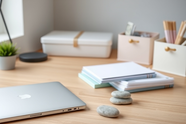 "A minimalist desk with a laptop and a small, tidy pile of papers in the background, surrounded by soft pastel-colored storage bins and a few carefully placed paperweight stones on a wooden surface, b
