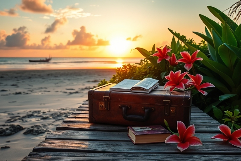 "A serene beach at sunset with a vintage suitcase and a guidebook on a weathered wooden dock, surrounded by lush greenery and vibrant tropical flowers, warm golden light casting a gentle glow."