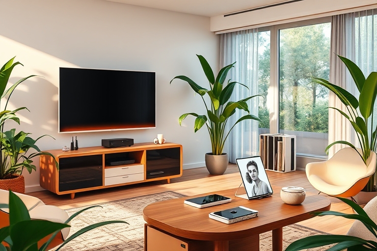 "A futuristic living room with a sleek TV, a retro-futuristic computer, and a smartphone on a minimalist wooden table, surrounded by lush greenery, with warm pastel hues and soft natural light streami
