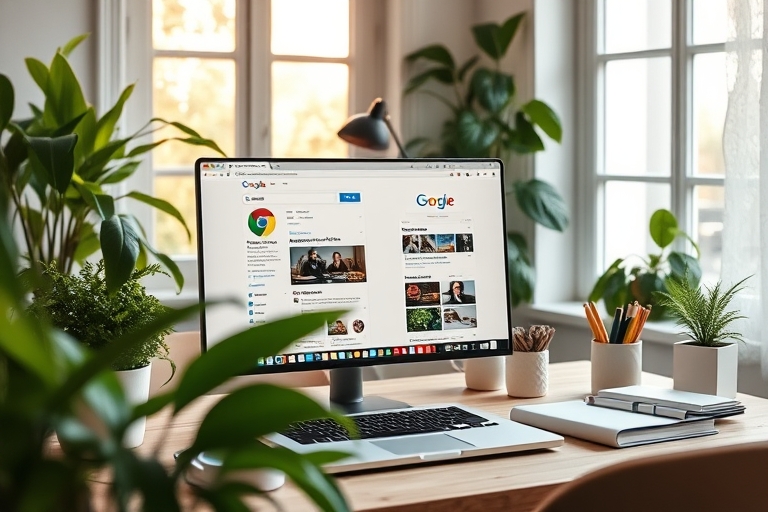 "Cozy home office setup with a laptop split screen displaying multiple Google Chrome tabs, surrounded by lush greenery and pastel-colored stationery, warm natural light pouring in through a large wind