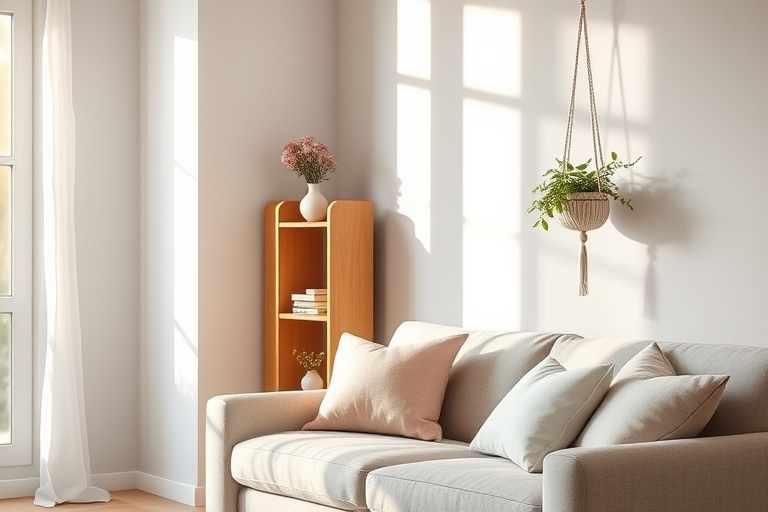 "Minimalist living room with tidy bookshelf, vase with fresh flowers, and a macrame plant hanger against a soft gray wall, warm sunlight streaming through a nearby window, pastel pink throw pillows an