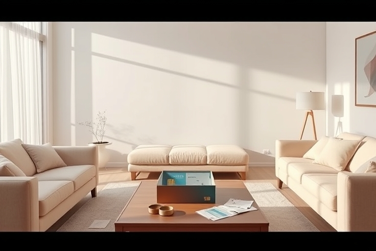 "A minimalist living room with a large window, soft pastel-colored furniture, and a coffee table with a subscription box and a credit card on it, surrounded by subtle hints of clutter and paper bills.