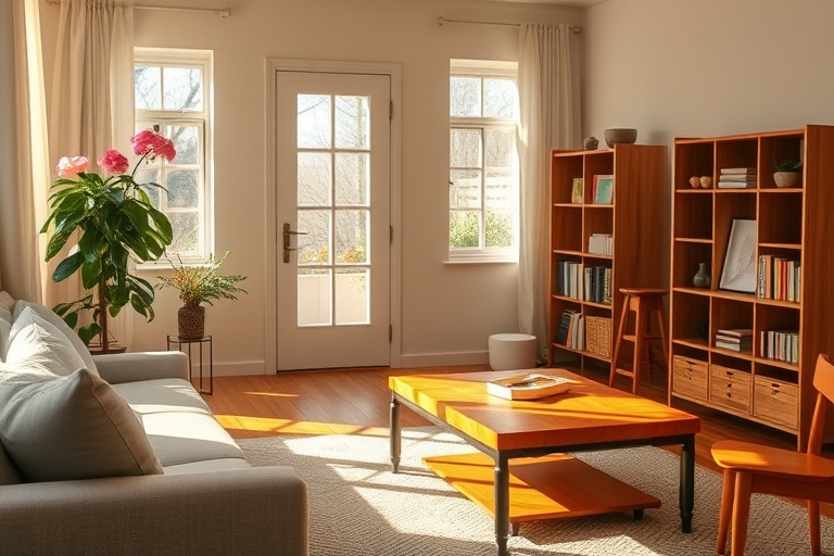 "A sunny living room with a minimalist decor, featuring a beautifully maintained wooden coffee table, a tidy bookshelf, and a blooming potted plant in the corner, bathed in warm, soft light, with past