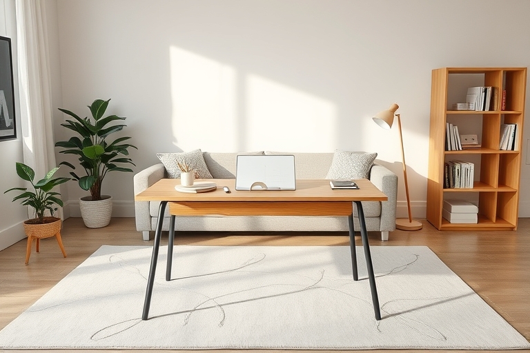 "A modern living room with a minimalist aesthetic, featuring a tidy desk with a few carefully placed planners and whiteboard markers, surrounded by a pastel-colored rug and a bookshelf with a few sele