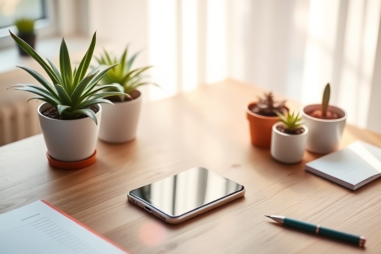 "A minimalist desk setup with a sleek iPhone on a wooden surface, surrounded by potted plants and a few scattered paper notes, bathed in warm sunlight with soft pastel-colored accents and a blurred ba