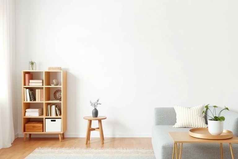 "A tidy living room with a few carefully curated possessions, a minimalist bookshelf with a few pastel-colored books, a small potted plant on a side table, and a white background with a warm, soft nat