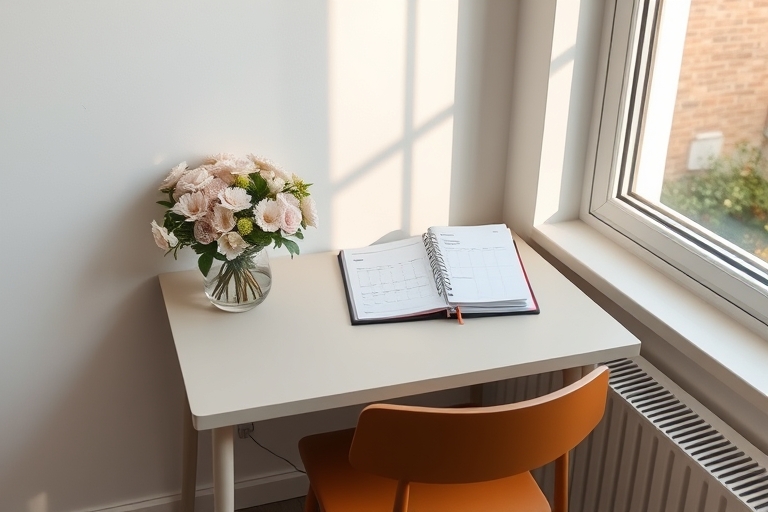 "A minimalist study room with a single desk, a bouquet of pastel-colored flowers on the corner, a paper planner open to a calendar page, and a warm morning light spilling through a large window, casti