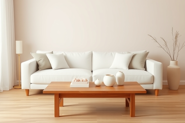"A minimalist living room with a white sofa, wooden coffee table, and a few carefully placed decorative boxes and vases in soft pastel colors, set against a warm beige background with a subtle wooden 