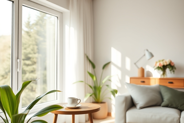 "A serene morning scene: a minimalist living room with a large window, soft pastel-colored plants, a steaming cup of coffee on a wooden side table, and a few fresh flowers on a nearby console, bathed 