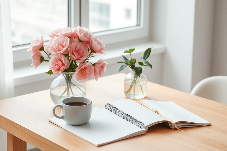 "A serene morning scene: a minimalist desk with a cup of steaming coffee, a planner, and a vase with pastel pink flowers on a soft, warm wooden table, set against a clean white wall with a large windo