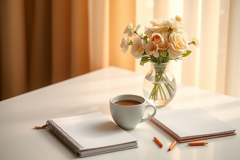 "A serene morning scene: a minimalist desk with a steaming cup of coffee, a planner, and a vase with pastel flowers, set against a warm and soft background with a subtle gradient of golden light."