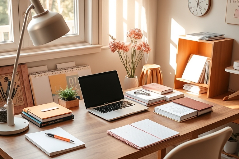 "A clutter-free home office with a laptop, books, and a planner on a minimalist wooden desk, with a warm golden light pouring in from a nearby window, surrounded by soft pastel colored stationery and 