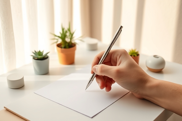 "A solitary hand holds a pen, poised over a clean, minimalist desk with a single sheet of paper, surrounded by potted plants and a few carefully placed pastel-colored objects, bathed in warm natural l