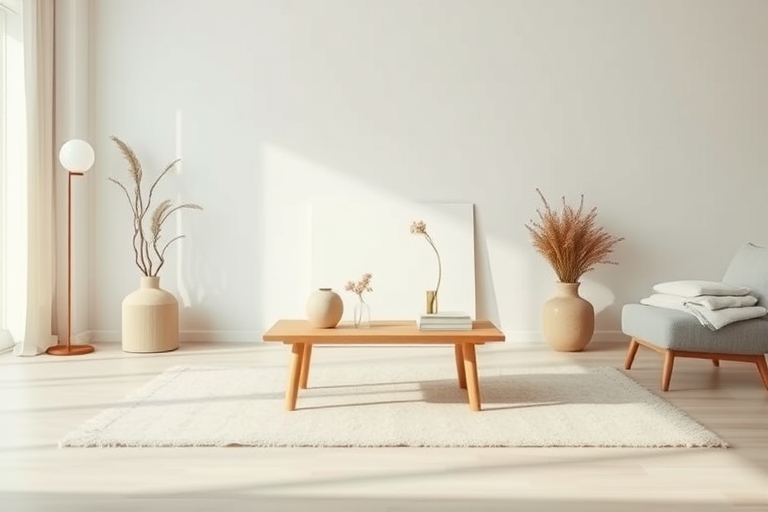 "A minimalist living room with a simple wooden coffee table in the center, surrounded by a few carefully curated decorative objects and a few neatly folded blankets, under a soft warm glow with pastel