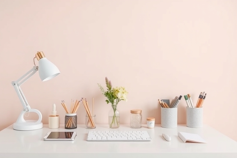 "A minimalist desk with a calming pastel-colored background, featuring a tidy workspace with various office supplies neatly organized in small glass containers, a few fresh flowers in a small vase, an