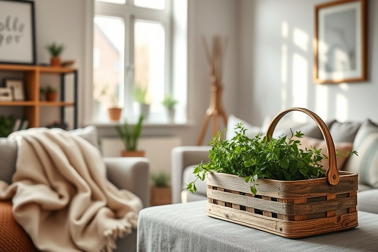 "Cozy living room with a subtle hint of sunlight through a window, a few potted plants, and a vintage wooden basket filled with fresh herbs, surrounded by minimalistic decor with pastel-colored throw 