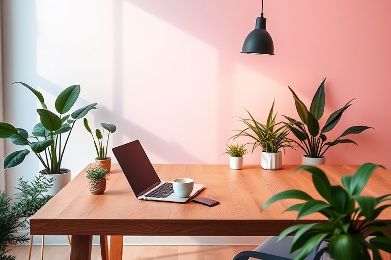 "A modern minimalist office space with a large wooden desk, a cup of steaming coffee, and a sleek laptop surrounded by plants, with a warm softbox light shining down, a pastel pink and blue color pale