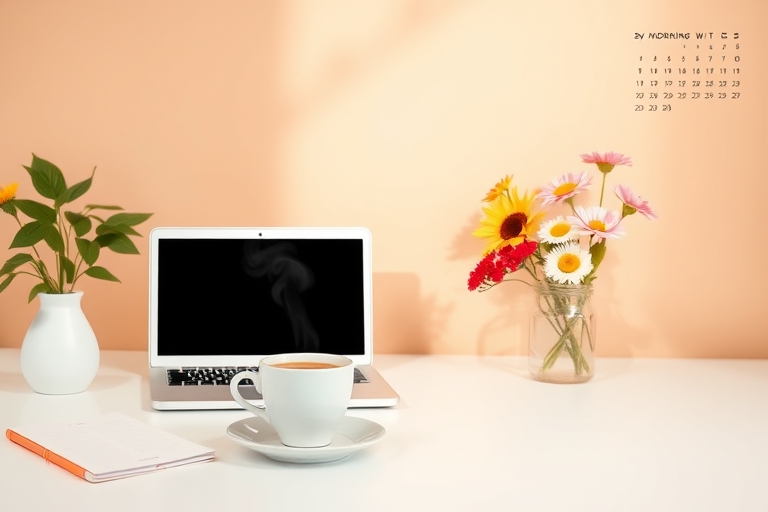 "A serene morning scene: a minimalist desk with a laptop, a cup of steaming coffee, and a few colorful flowers, set against a warm background with soft pastel hues and a few subtle calendar reminders 