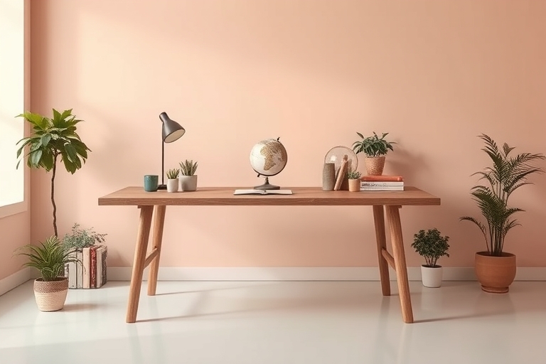 "A minimalist study with a large, open wooden desk in the center, surrounded by a few potted plants, a vintage globe, and a few artfully arranged books. Soft, warm lighting on a pastel-hued background