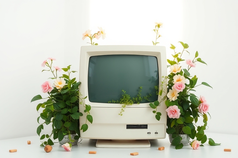 "Old computer monitor repurposed as a unique planter, surrounded by lush greenery and pastel-colored flowers, set against a clean white background under warm natural light with a few scattered wooden 