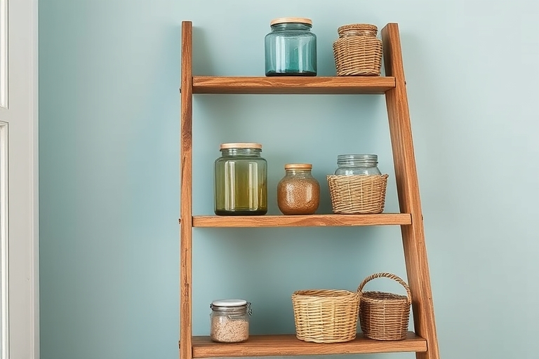 "A beautifully styled, vintage wooden ladder repurposed as a shelving unit, leaning against a soft pastel blue wall, with a few well-placed, colorful glass jars and woven baskets adorning its rungs, s