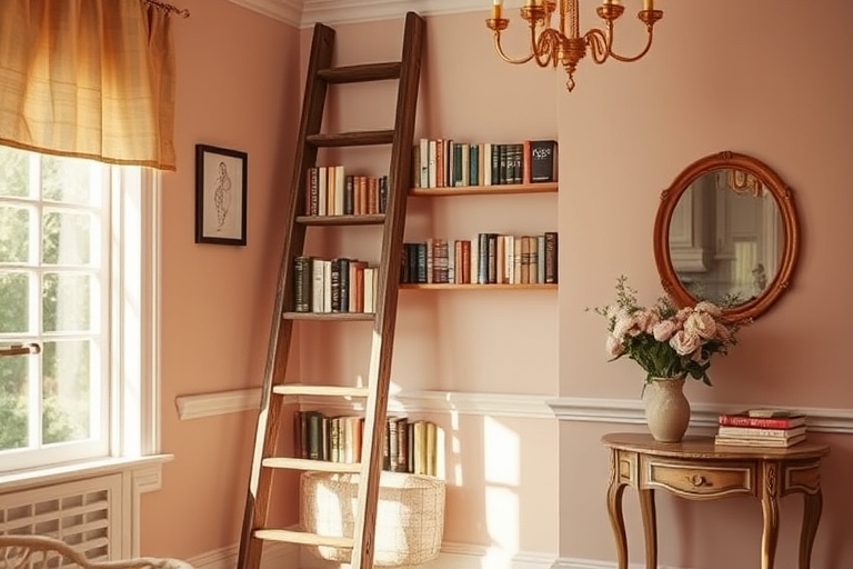"An old wooden ladder repurposed as a bookshelf in a cozy reading nook with pastel pink walls, soft golden lighting, and a vase of fresh flowers on a nearby vintage side table."