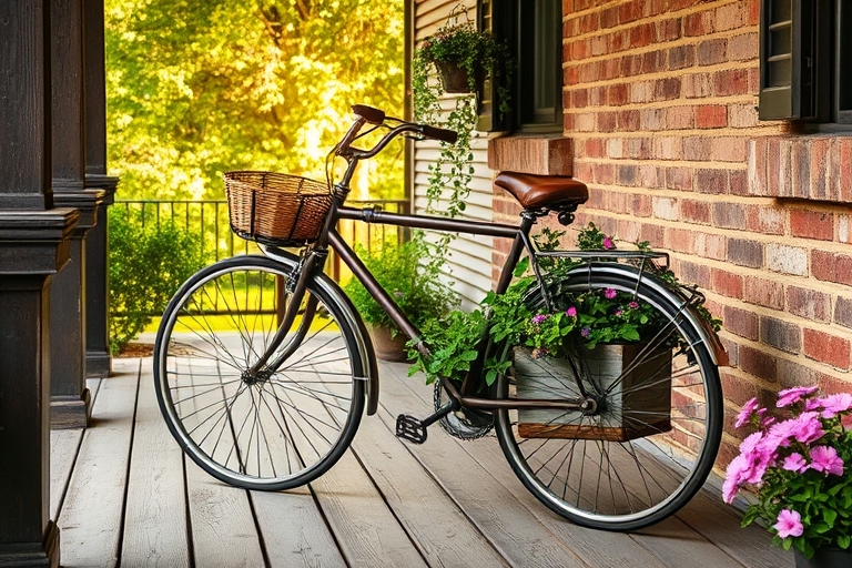 "Vintage bicycle transformed into a planter, placed on a weathered wooden porch with a distressed brick wall, surrounded by lush greenery, pastel pink flowers, and warm sunlight filtering through the 