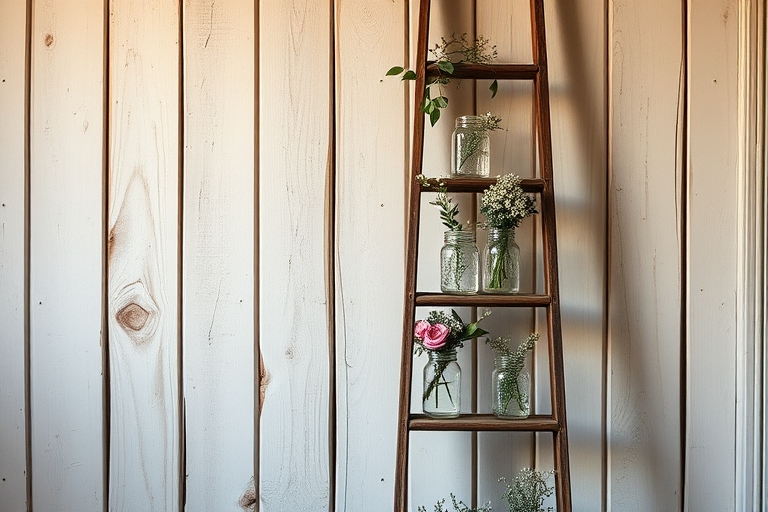 "A vintage ladder leaned against a distressed wooden wall, adorned with a collection of mason jars filled with fresh flowers and greenery, soft pastel hues, warm golden lighting, and a minimalist back