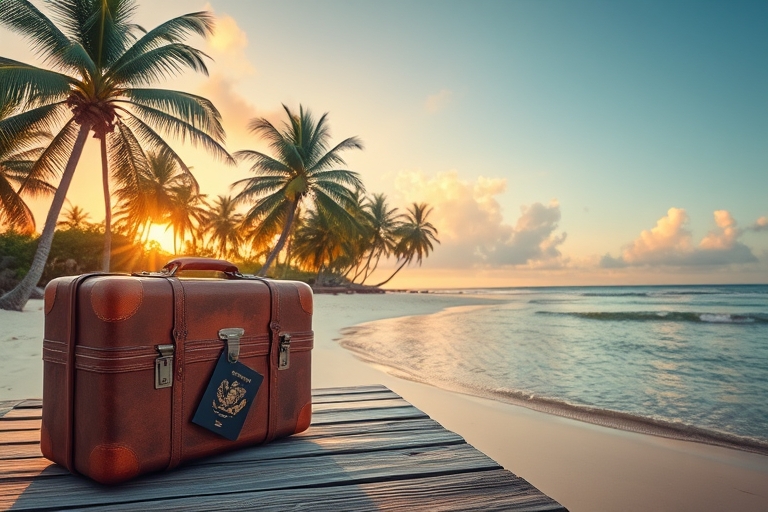 "A tropical island getaway scene with a serene beach at sunset, palm trees swaying in the breeze, and a vintage suitcase and passport on a weathered wooden pier, with a faint pastel pink and blue hue 