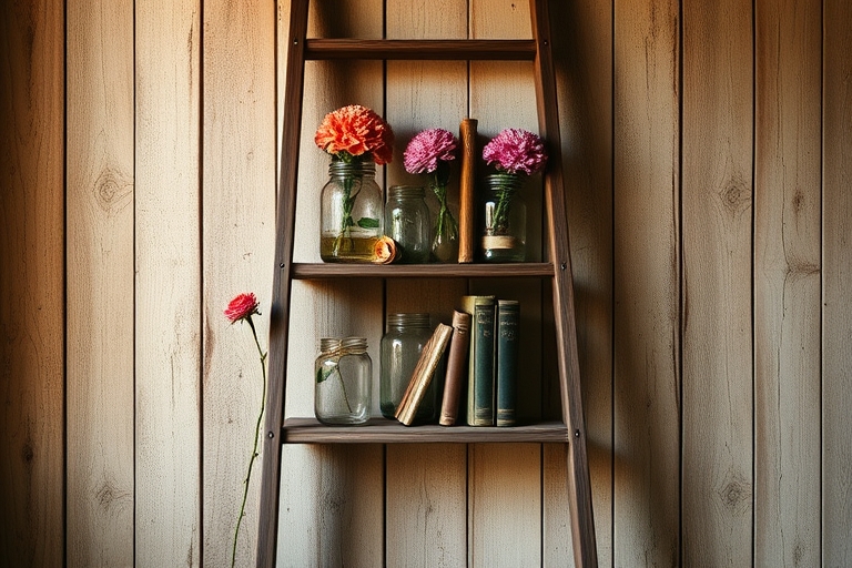 "A vintage ladder repurposed as a bookshelf stands against a distressed wood wall, holding a collection of antique jars filled with colorful flowers, surrounded by a soft, warm glow and delicate paste