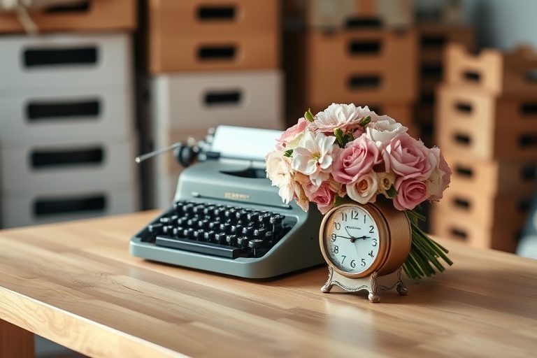 "Vintage typewriter, antique clock, and a bouquet of pastel flowers arranged on a minimalist wooden desk with a soft, warm golden light and a subtle blurred background of stacked boxes and crates."
