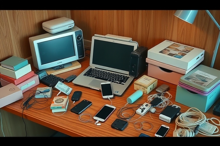 "A cluttered desk with a vintage laptop, smartphone, and tablet surrounded by pastel-colored boxes, cables, and cords, with a few bills and coins scattered in the corner, set against a warm, minimalis