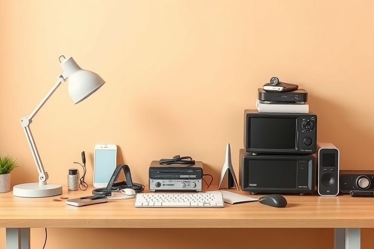 "A clutter-free desk with a stack of assorted gadgets, a few neatly arranged electronics, and a few scattered coins, set against a warm beige background with soft pastel blue accents, lit by a natural
