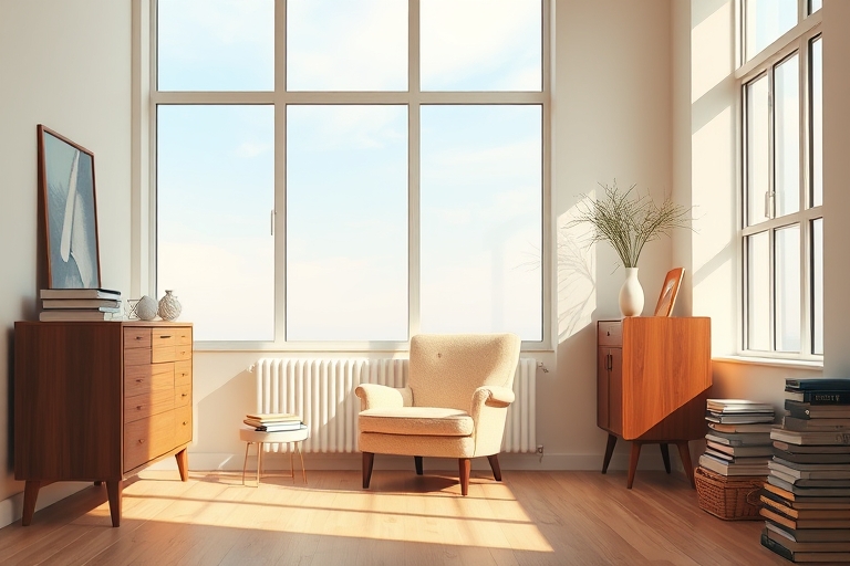 "A minimalist living room with a vintage armchair, a wooden dresser, and a stack of books, surrounded by warm natural light streaming through a large window with a pastel blue sky visible outside."