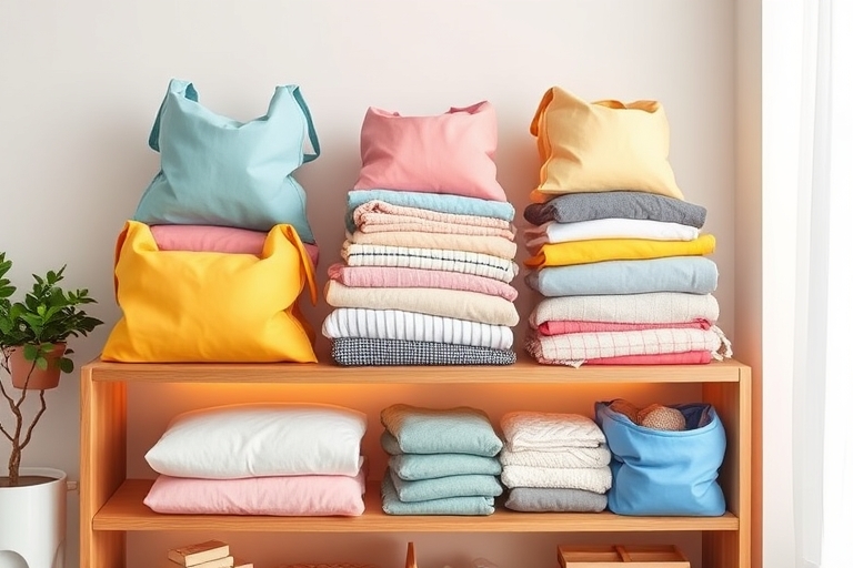 "Vibrant pastel-colored boxes and bags filled with neatly folded clothes and household items, stacked on a minimalist wooden shelf with a soft warm glow, surrounded by a clean white wall and a small p